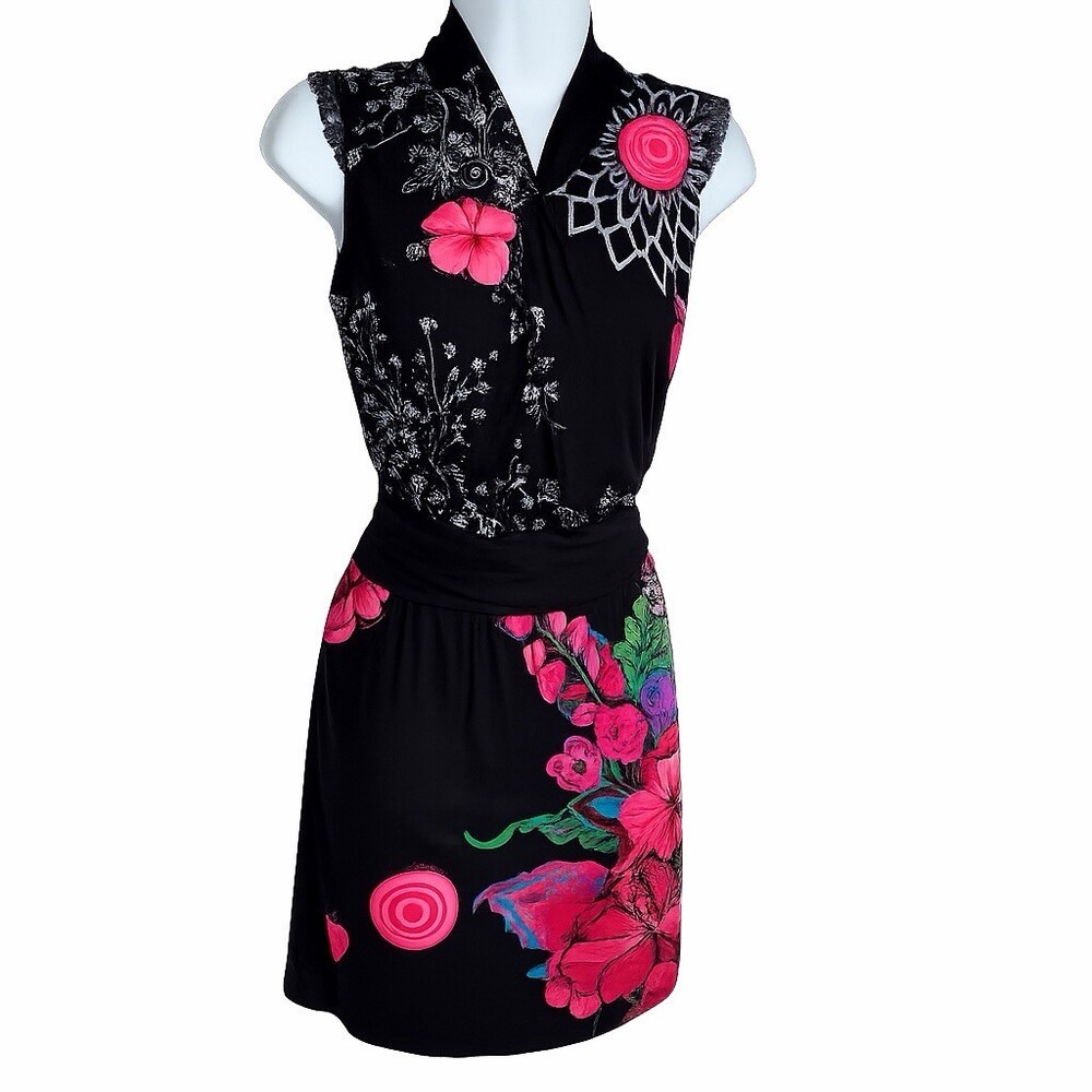 Desigual Black Floral Dress M Sleeveless Embroidered Lace Fit & Flare Boho Artsy